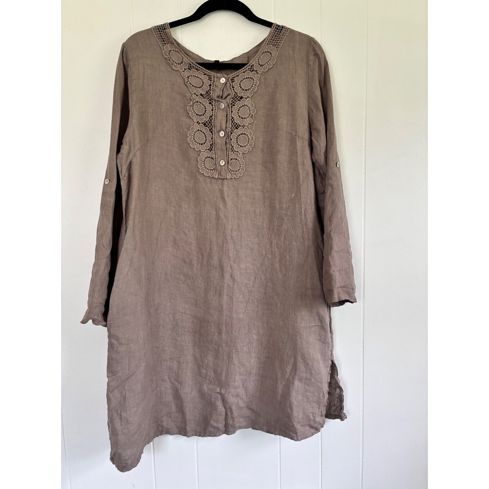 Carla Conti Womens Large Taupe Brown 100% Linen Crochet Lace Bib Tunic Top Italy